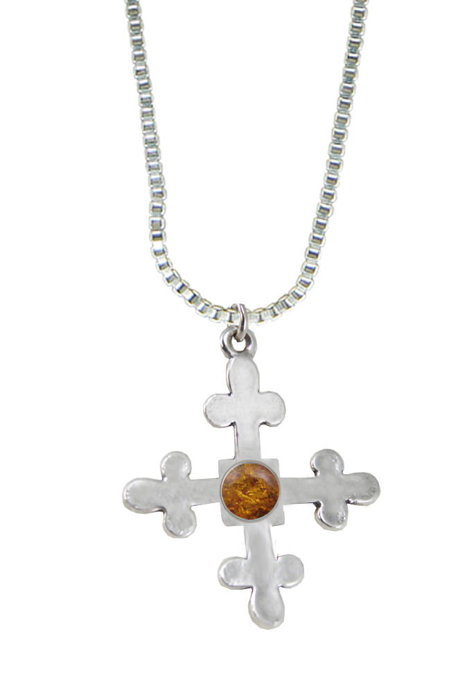 Sterling Silver Budded Cross Pendant With Amber